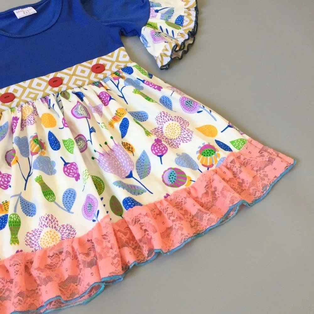 Boutique Floral Blue Short Sleeve Ruffle Dress